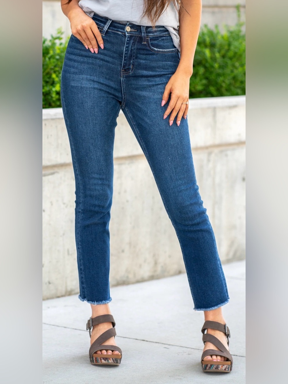 Vervet Flying Monkey High Waisted Crop Straight Leg Jeans with Distressed Hem.